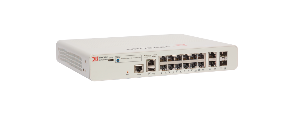 Ruckus  ICX 7150-C12P 12×10/100/1000 Mbps ports POE+ 124 W, 2×10/100/1000 Mbps uplink, 2×1/10 GbE uplink/stacking SFP/SFP+