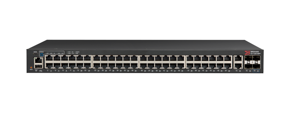 Ruckus ICX 7150-48 48×10/100/1000 Mbps ports, 2×10/100/1000 Mbps uplink, 4×1/10 GbE uplink/stacking SFP/SFP+
