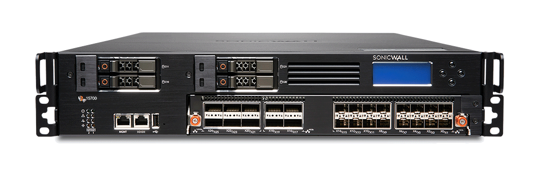 SonicWall NSsp 15700 Firewall throughput 105 Gbps, 6 x 100-GbE QSFP28, 4 x 40-GbE QSFP+, 16 x 10 GbE SFP+, 2 x 480 GB SSD