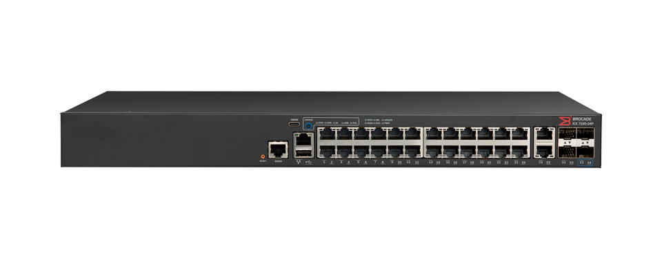 Ruckus ICX 7150-24P 24×10/100/1000 Mbps ports POE+ 370 W, 2×10/100/1000 Mbps uplink, 4×1/10 GbE uplink/stacking SFP/SFP+
